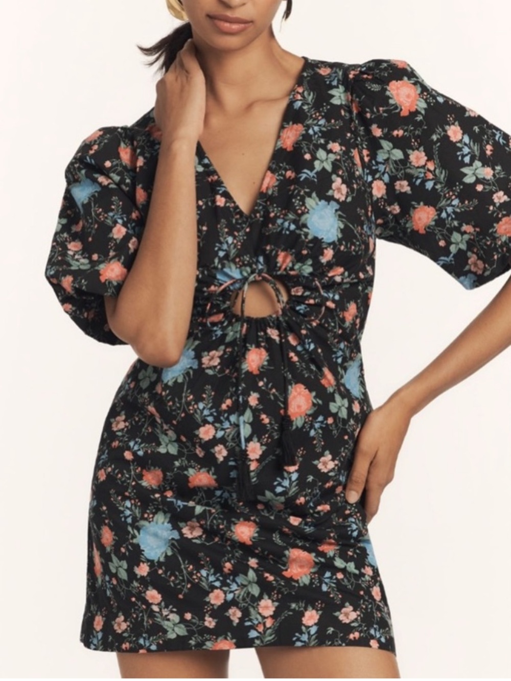 Anthropologie Maeve Floral Tie-Front V-Neck Puff sleeve Cotton Dress Large NWT